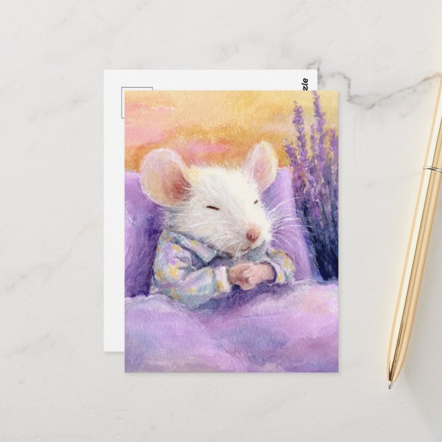 Niedliches Schlafen mit weißer Maus Postkarte (Vorderseite/Rückseite Beispiel)