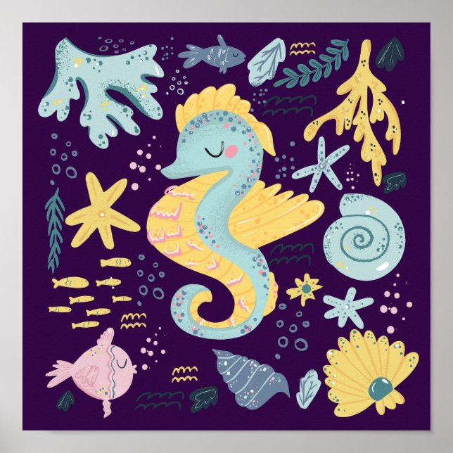 Niedliches Schlafen Seepferd Unterwasser Doodle Po Poster (Vorne)