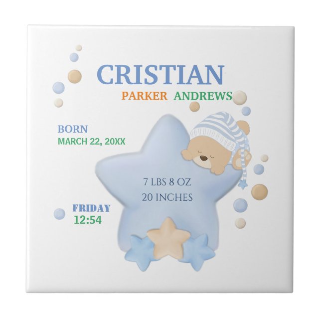 Niedliches Schlafen Teddy Bear Baby Boy Birth Stat Fliese (Vorderseite)