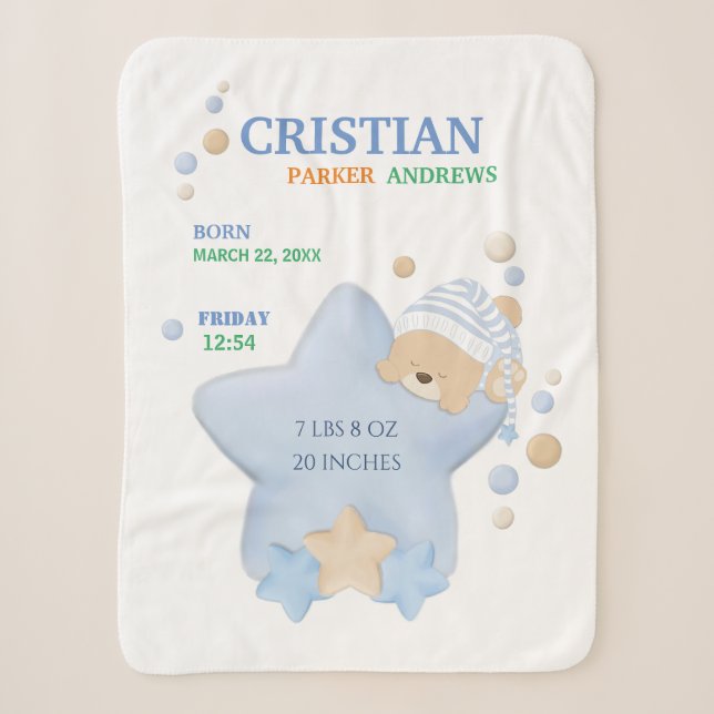 Niedliches Schlafen Teddy Bear Baby Boy Birth Stat Sherpadecke (Vorderseite)