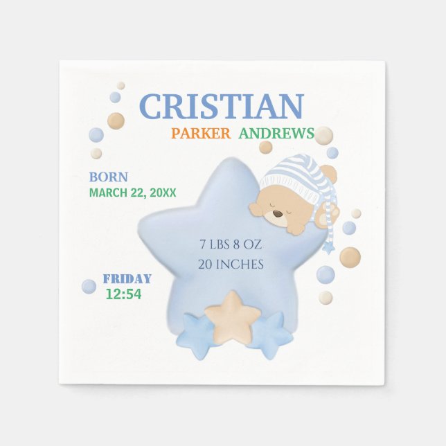 Niedliches Schlafen Teddy Bear Baby Boy Geburtsstu Serviette (Vorderseite)