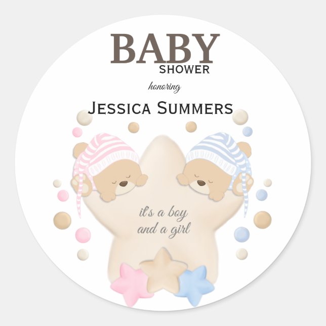 Niedliches Schlafen Teddy Bear Twins Baby Shower C Runder Aufkleber (Vorderseite)