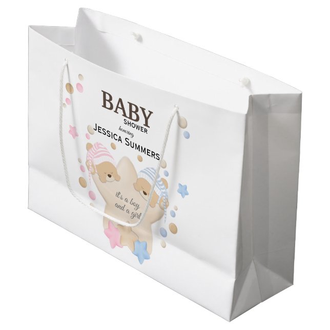 Niedliches Schlafen Teddy Bear Twins Kinderdusche  Große Geschenktüte (Vorderseite Schrägansicht)