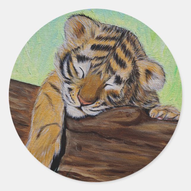 Niedliches Schlafen Tiger Cub Malerei Runder Aufkleber (Vorderseite)