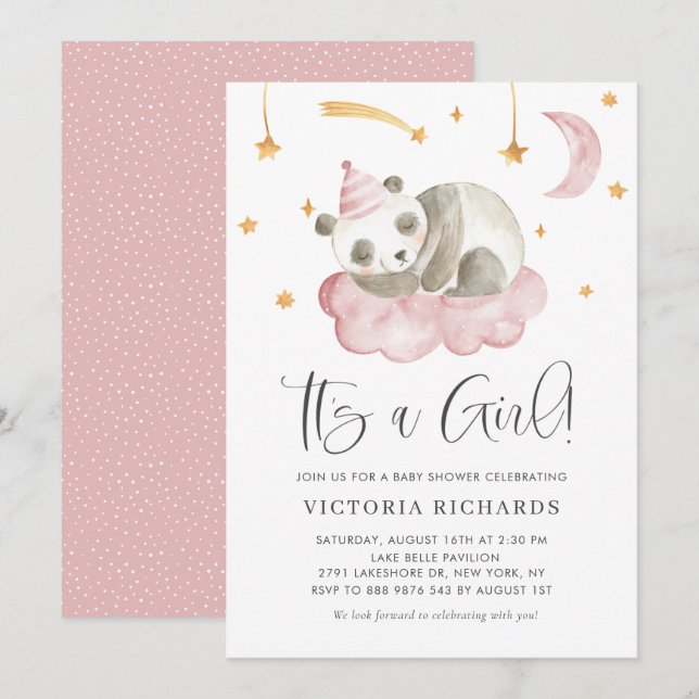 Niedliches Schlafpanda Pink Es ist eine Girl Baby  Einladung (Vorne/Hinten)