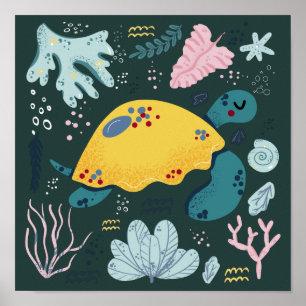 Niedliches Schlafschildkröte Unterwasserdoodle Pos Poster