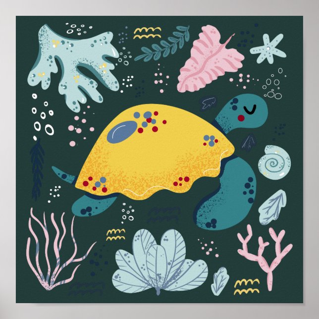 Niedliches Schlafschildkröte Unterwasserdoodle Pos Poster (Vorne)