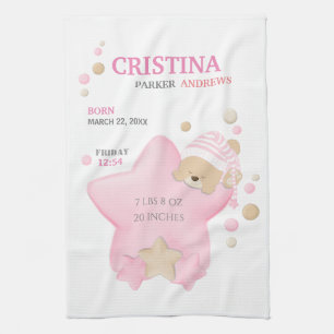 Niedliches Schlafteddy Bear Baby Girl Birth Stats  Geschirrtuch