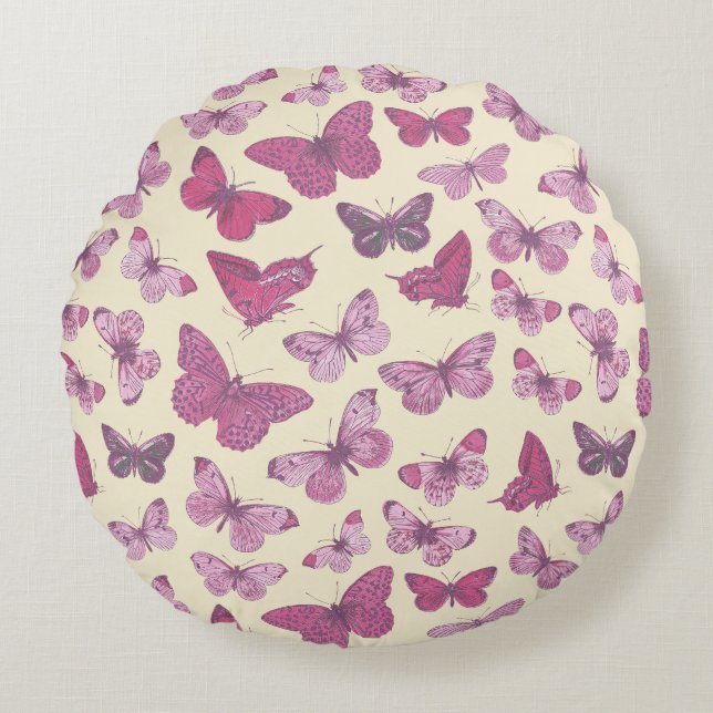 Niedliches Schmetterlingsmuster auf Beige Rundes Kissen (Vorderseite)
