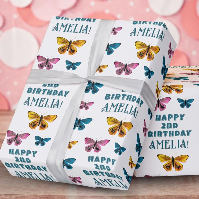 Niedliches Schmetterlingsmuster Girl Happy Birthda Geschenkpapier (Von Creator hochgeladen)