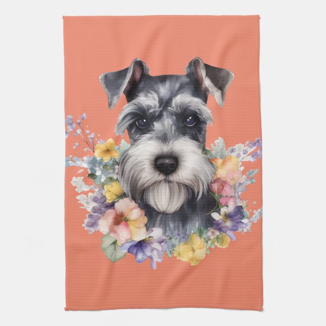 Niedliches Schnauzer-Portrait mit Blume Geschirrtuch (Vertikal)