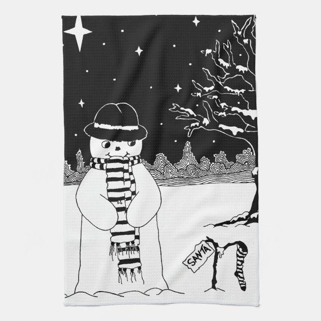 Niedliches Schneemann-Design Schwarzweiß Weihnacht Geschirrtuch (Vertikal)