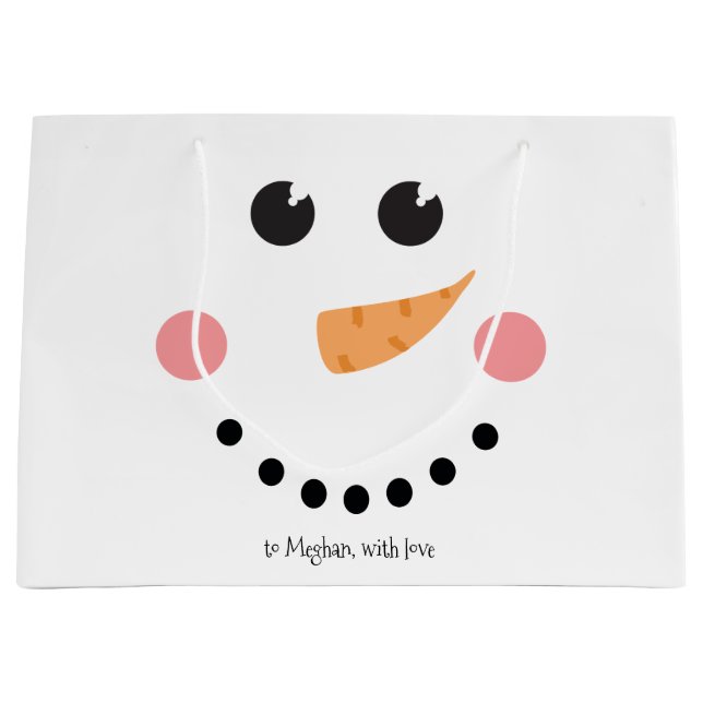 Niedliches Schneemann-Gesicht mit individuelle Nam Große Geschenktüte (Vorderseite)