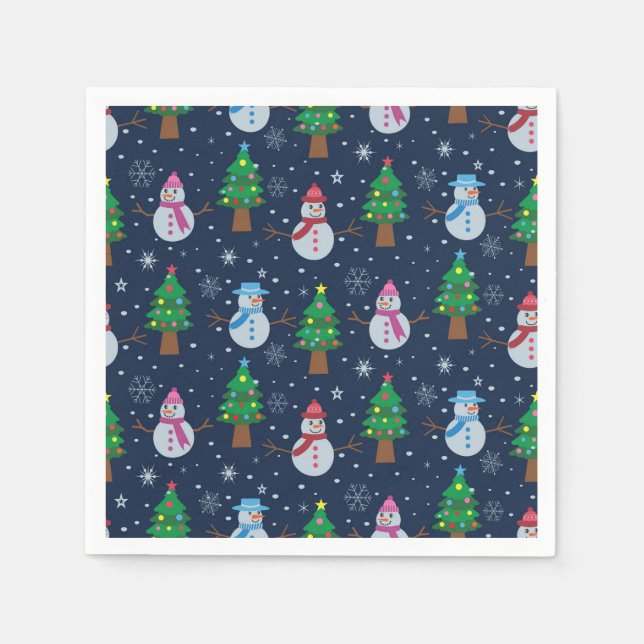 Niedliches Schneemann-Muster mit Weihnachtsbäumen Serviette (Vorderseite)