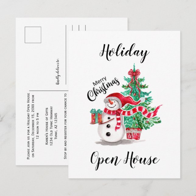 Niedliches Schneemann- und Weihnachtsbaumhaus Postkarte (Vorne/Hinten)