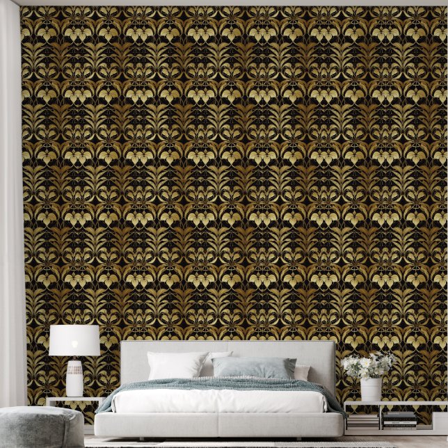 Niedliches Schwarz-Gold-Deko-Fliesen-Muster Tapete (Schlafzimmer)