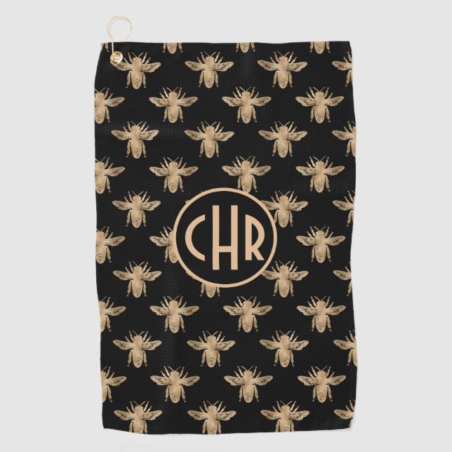 Niedliches Schwarz-Gold-Queen-Monogramm Golfhandtuch (Vorderseite)