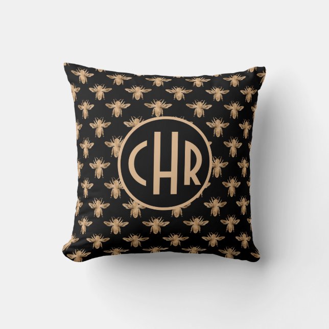 Niedliches Schwarz-Gold-Queen-Monogramm Kissen (Vorderseite)
