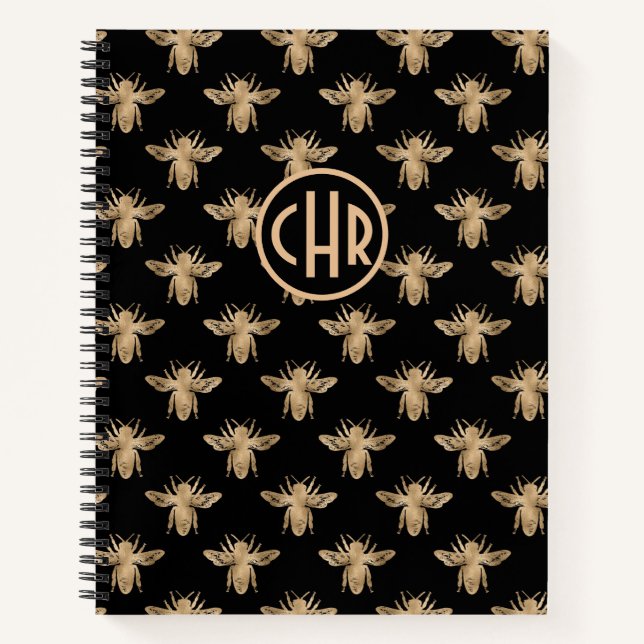 Niedliches Schwarz-Gold-Queen-Monogramm Notizbuch (Vorderseite)