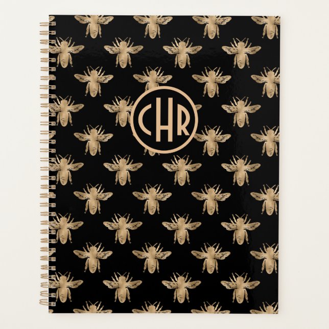 Niedliches Schwarz-Gold-Queen-Monogramm Planer (Vorderseite)