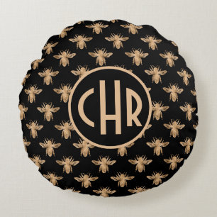 Niedliches Schwarz-Gold-Queen-Monogramm Rundes Kissen