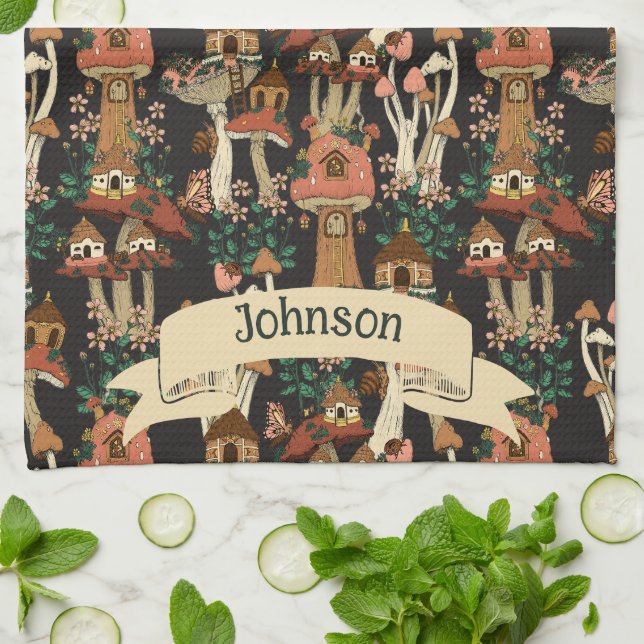 Niedliches Schwarz-Hütte-Core-Mushroom-Muster Geschirrtuch (Gefaltet)