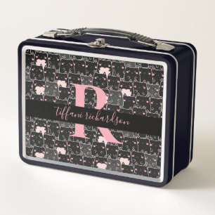 Niedliches Schwarz-Pink-Kätzchen-Monogramm Metall Brotdose