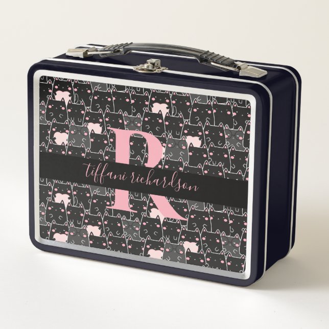 Niedliches Schwarz-Pink-Kätzchen-Monogramm Metall Brotdose (Vorderseite)