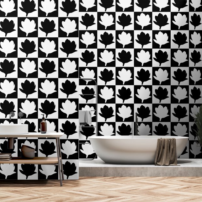 Niedliches Schwarz-Weiß-Blume-Muster Tapete (Badezimmer)