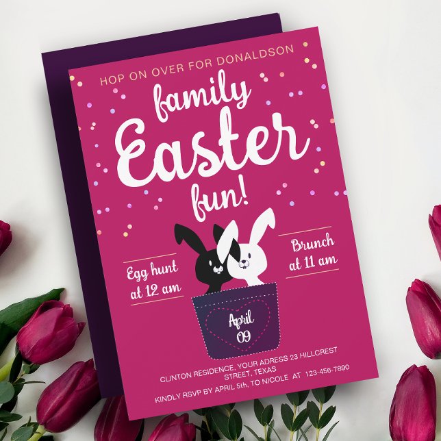 Niedliches Schwarz-Weiß-Bunnies Magenta OsterParty Einladung (Von Creator hochgeladen)