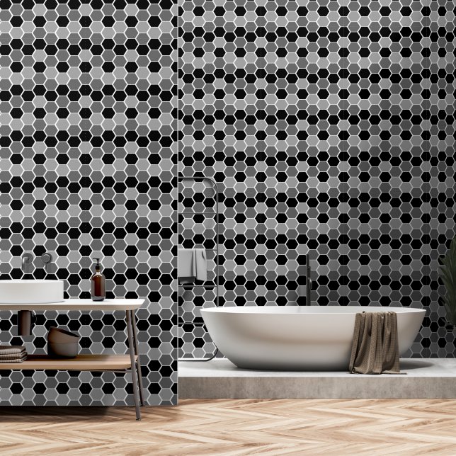 Niedliches Schwarz-Weiß-Hexagonalmuster Tapete (Badezimmer)