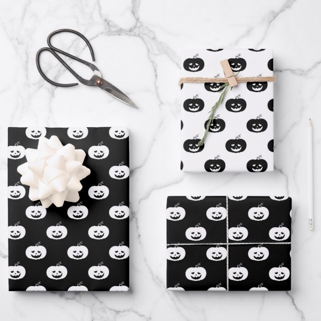 Niedliches Schwarz-Weiß-Kürbis-Halloween-Muster Geschenkpapier Set (Vorderseite)