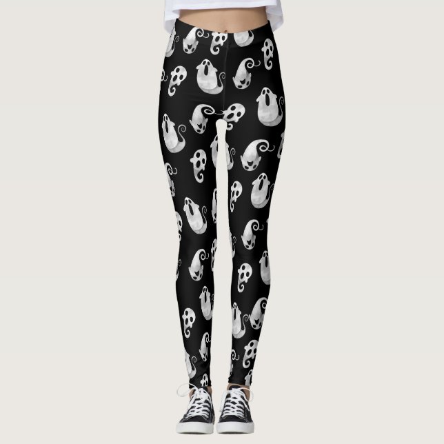 Niedliches Schwarz-Weiß-Wasserfarben-Ghosts Hallow Leggings (Vorderseite)