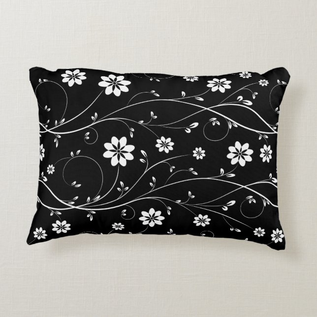 Niedliches Schwarz-Weiß-Zartes Blumenmuster Dekokissen (Rückseite)