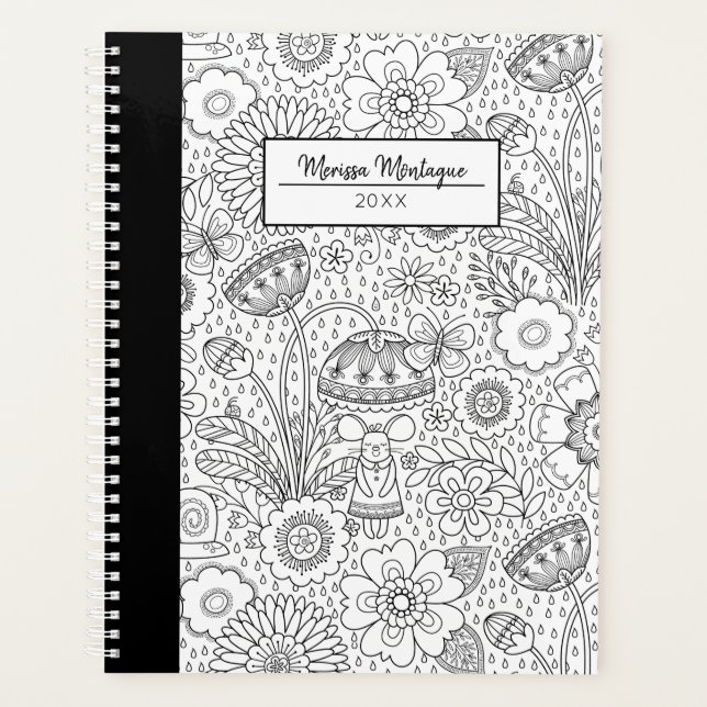 Niedliches Schwarz-weißes Blumenmuster Planer (Vorderseite)