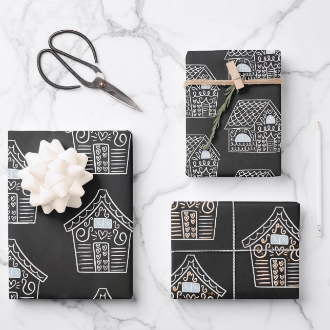 Niedliches Schwarz-weißes GingerBroad House Weihna Geschenkpapier Set (Vorderseite)