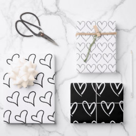 Niedliches Schwarz-weißes Herzmuster Valentine Geschenkpapier Set