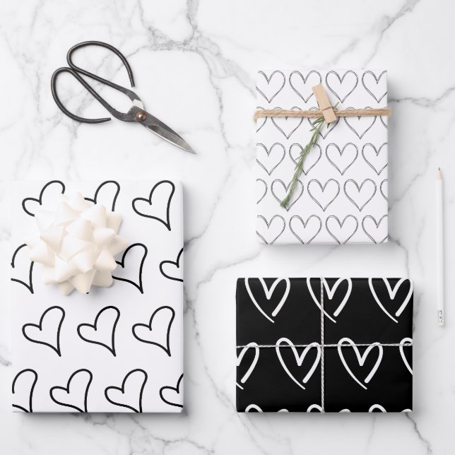 Niedliches Schwarz-weißes Herzmuster Valentine Geschenkpapier Set (Vorderseite)