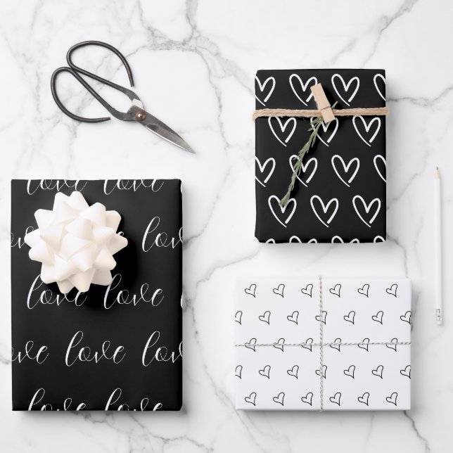 Niedliches Schwarz-weißes Herzmuster Valentine Mod Geschenkpapier Set (Vorderseite)