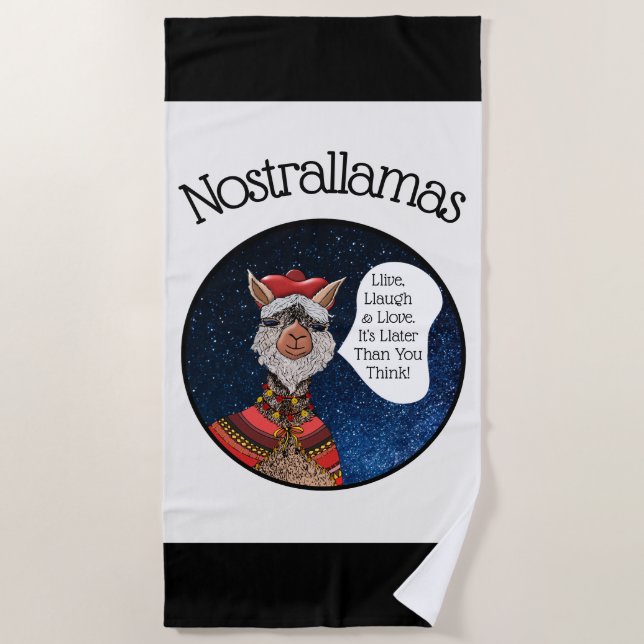 Niedliches Schwarz-weißes Nostradamus Llama Pool P Strandtuch (Vorderseite)
