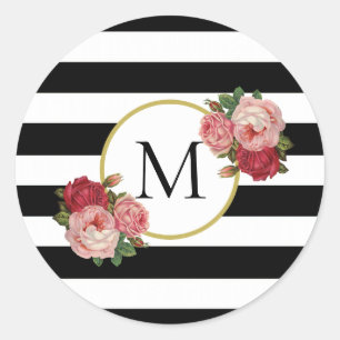 Niedliches Schwarz-weißes Retro-Blume Monogramm Runder Aufkleber