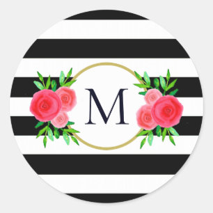 Niedliches Schwarz-weißes Striptes Monogramm Runder Aufkleber