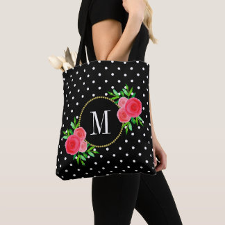 Niedliches Schwarzes Aquarell Rote Blume Dots Mono Tasche