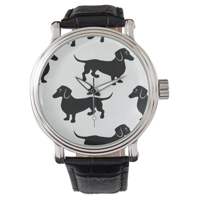 Niedliches Schwarzes Dackel Muster Armbanduhr (Vorderseite)