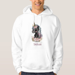Niedliches Schwarzes Einhorn mit Blume Wasserfarbe Hoodie
