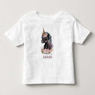 Niedliches Schwarzes Einhorn mit Blume Wasserfarbe Kleinkind T-shirt