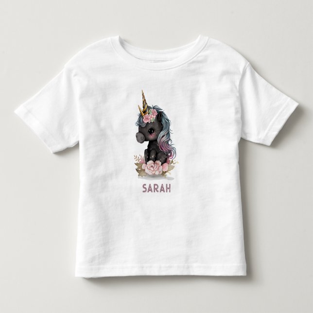 Niedliches Schwarzes Einhorn mit Blume Wasserfarbe Kleinkind T-shirt (Vorderseite)