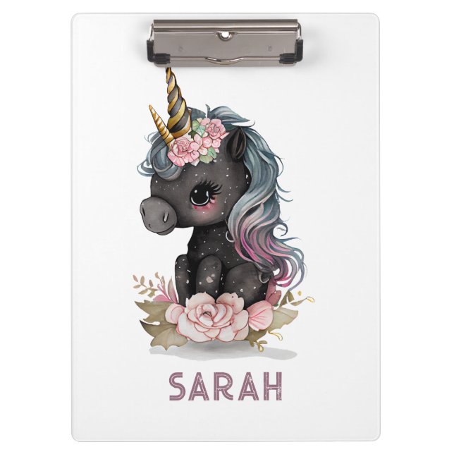 Niedliches Schwarzes Einhorn mit Blume Wasserfarbe Klemmbrett (Vorderseite)