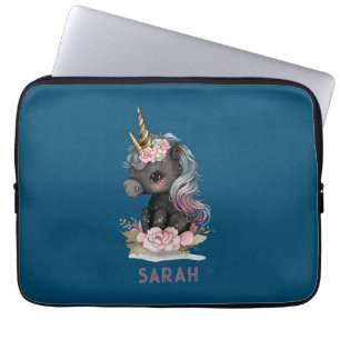 Niedliches Schwarzes Einhorn mit Blume Wasserfarbe Laptopschutzhülle