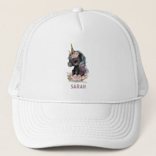 Niedliches Schwarzes Einhorn mit Blume Wasserfarbe Truckerkappe